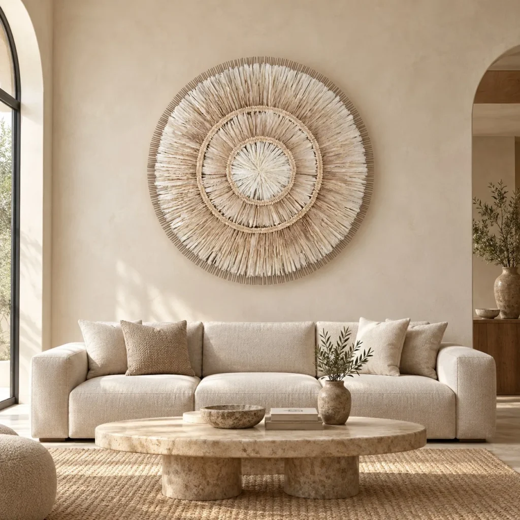 Round Woven Raffia Sunburst Wall Art, 150 cm in oatmeal — front view