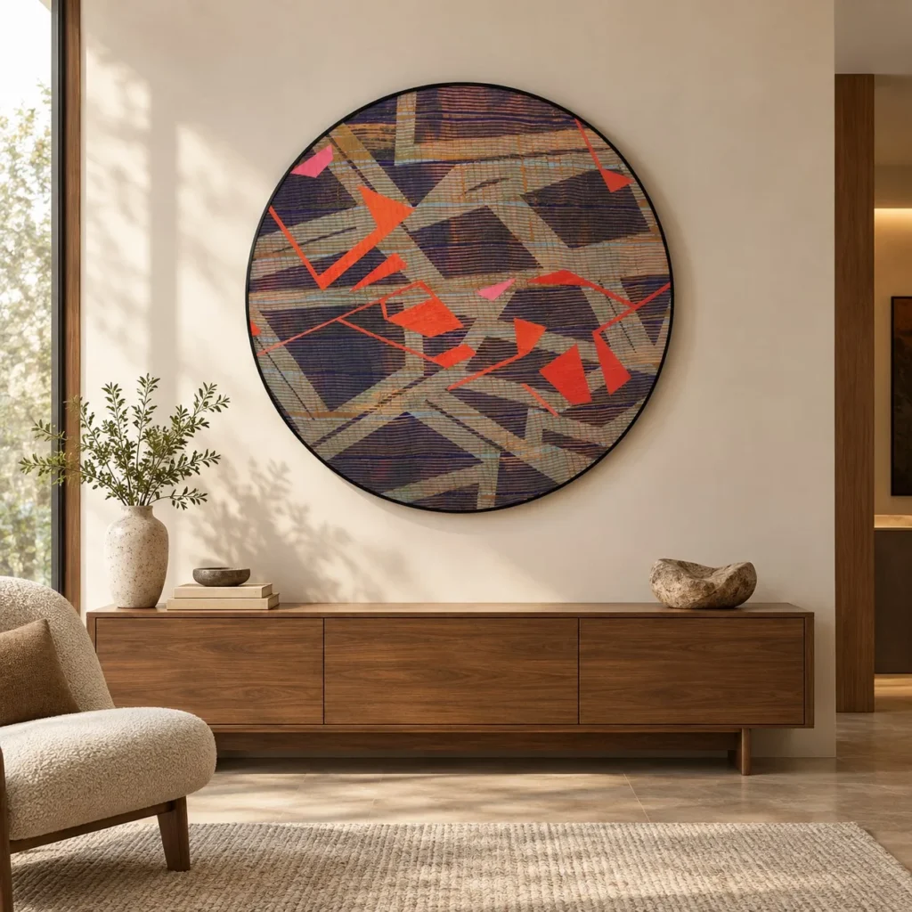 Round Geometric Collage Disc in Tan, Navy and Coral, 120 cm — front view