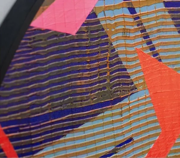 Round Geometric Collage Disc in Tan, Navy and Coral, 120 cm — detail