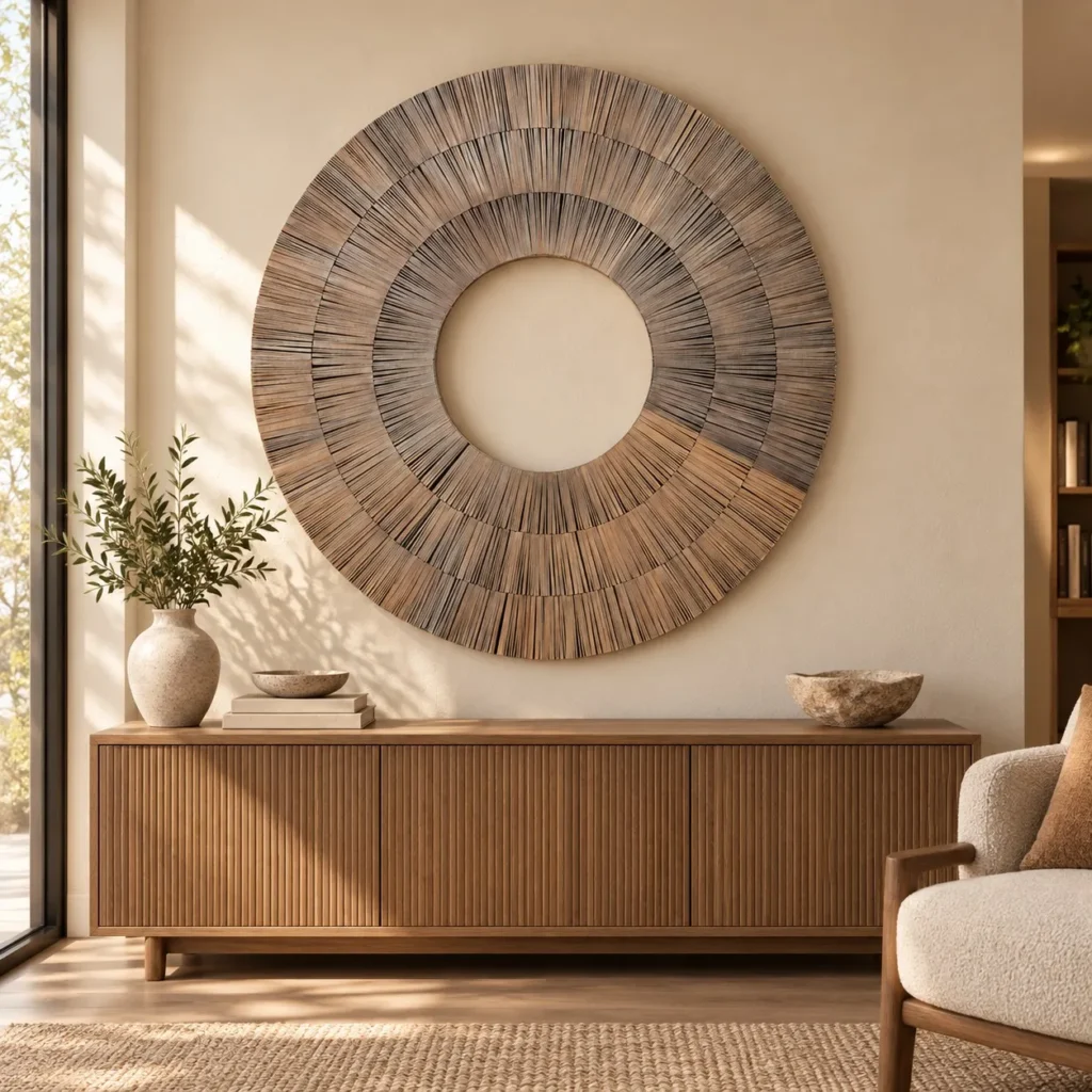 Round Woven Grass Ring Wall Art, 120 cm in sand — front view