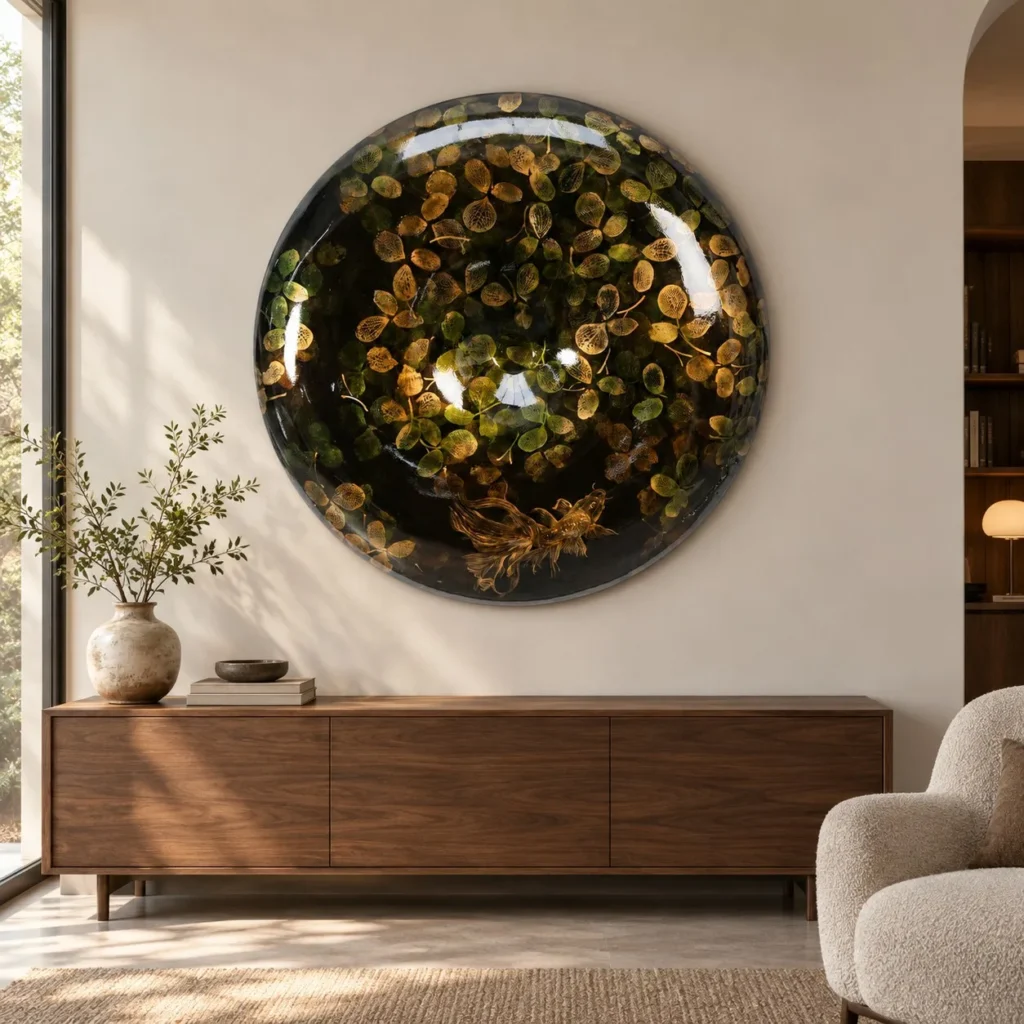 Round Fibreglass Dish with Gold Leaf Lacquer, 100 cm in black — front view
