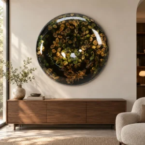 Round Fibreglass Dish with Gold Leaf Lacquer, 100 cm in black — front view