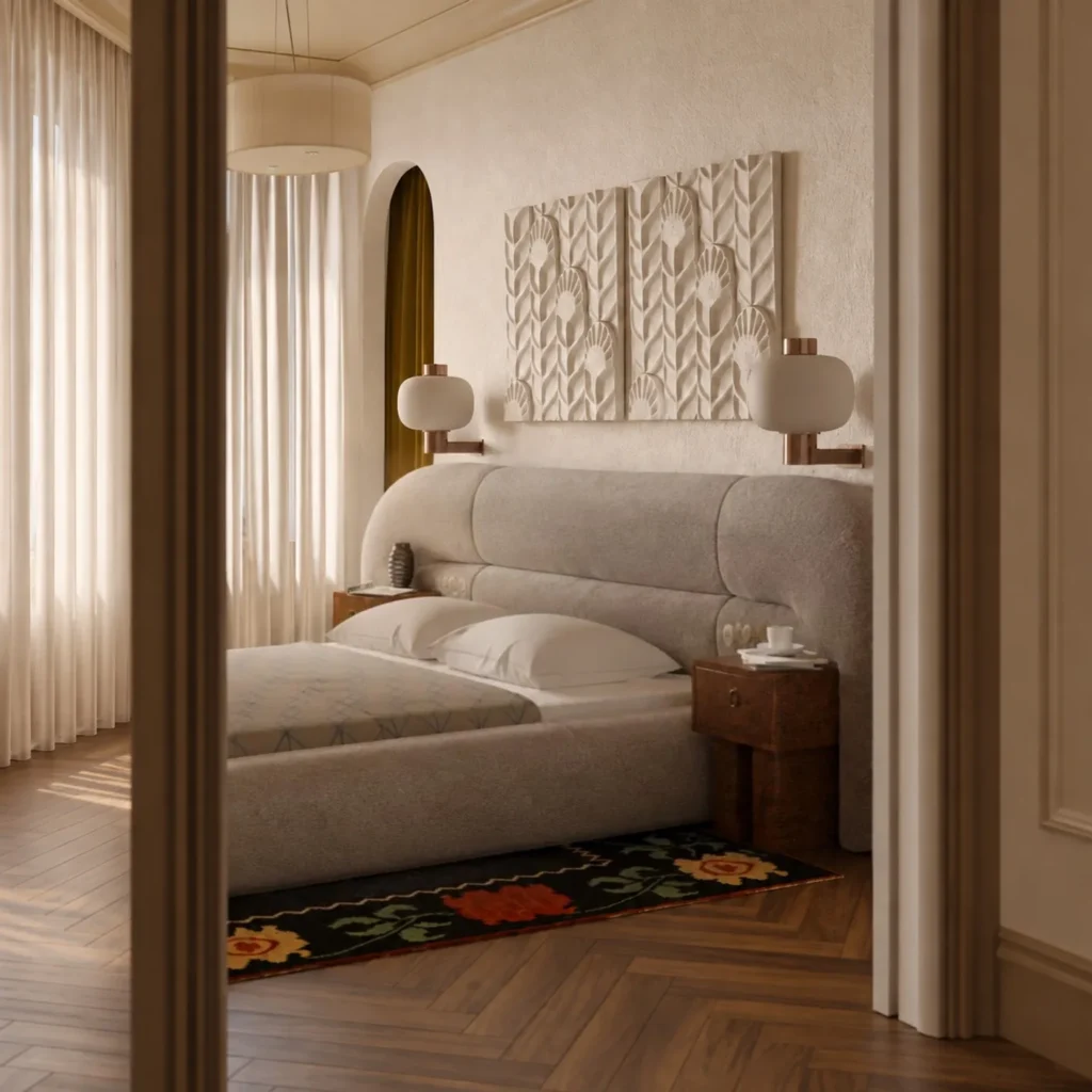 Sculpted Wraparound Upholstered Bed in oatmeal — front view