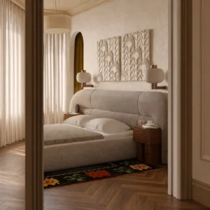Sculpted Wraparound Upholstered Bed in oatmeal — front view