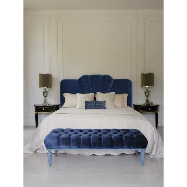 Royal Blue Velvet Bedroom Set with Scalloped Headboard in blue — in a room setting