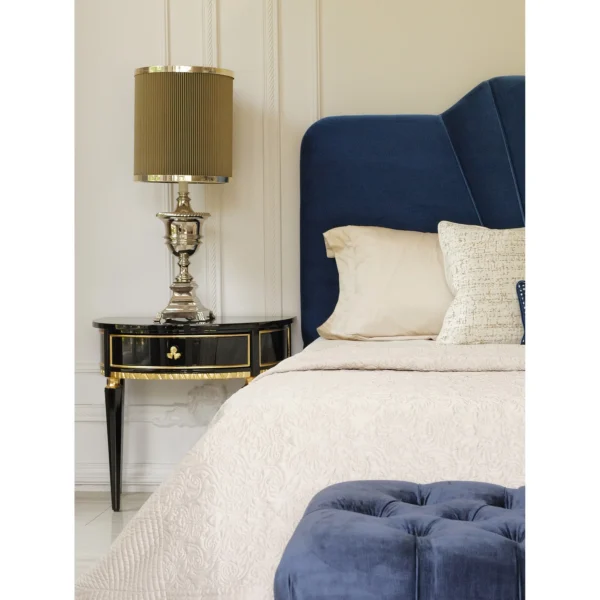 Royal Blue Velvet Bedroom Set with Scalloped Headboard in blue — in a room setting