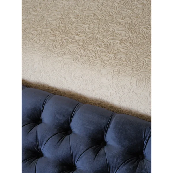 Royal Blue Velvet Bedroom Set with Scalloped Headboard in blue — in a room setting
