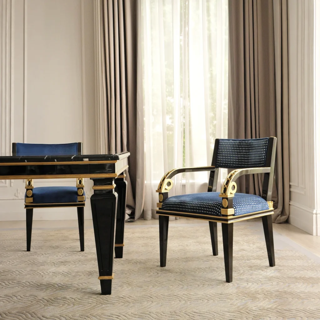 Royal Blue Gilded French Dining Set in solid wood — front view
