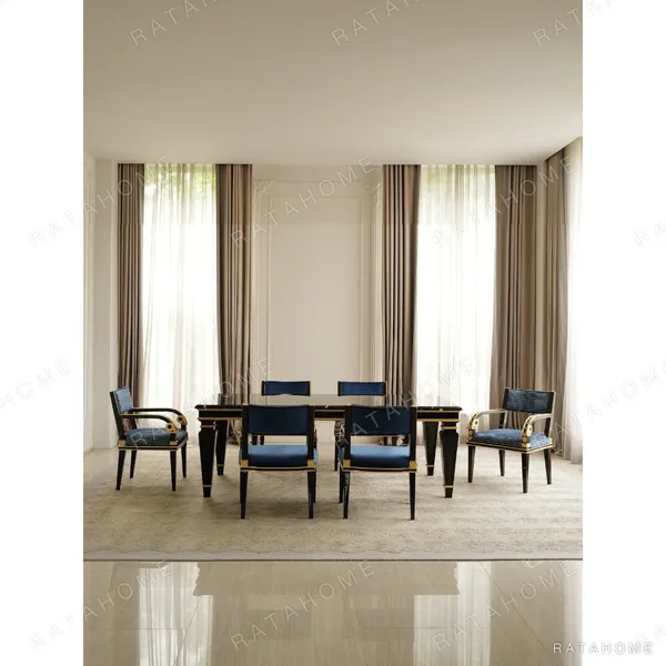 Royal Blue and Gilt French Dining Set with Marble Table in blue — in a room setting