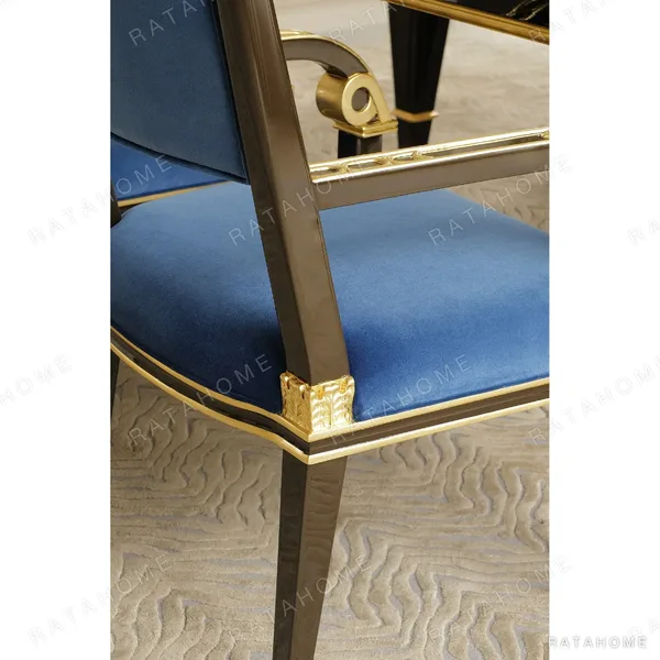 Royal Blue and Gilt French Dining Set with Marble Table in blue — in a room setting