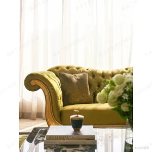Royal Touch Tufted Chartreuse Velvet Sofa in olive — in a room setting