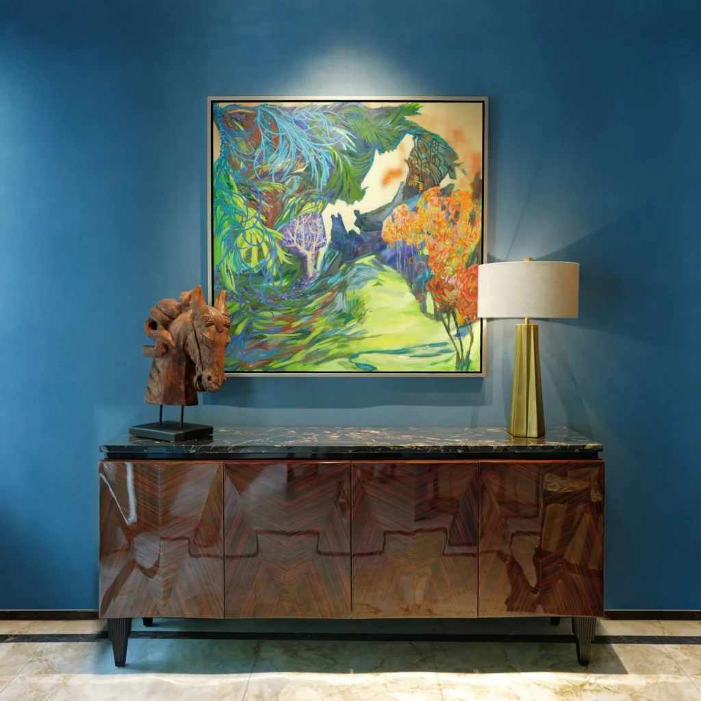 Ruby Galaxy V-Marquetry Sideboard with Black-Gold Marble Top in clay — front view