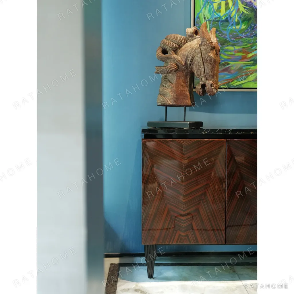 Ruby Galaxy V-Marquetry Sideboard with Black-Gold Marble Top in clay — in a room setting