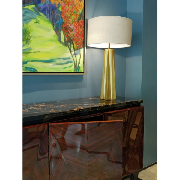 Ruby Galaxy V-Marquetry Sideboard with Black-Gold Marble Top in clay — in a room setting
