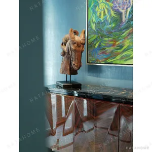 Ruby Galaxy V-Marquetry Sideboard with Black-Gold Marble Top in clay — in a room setting