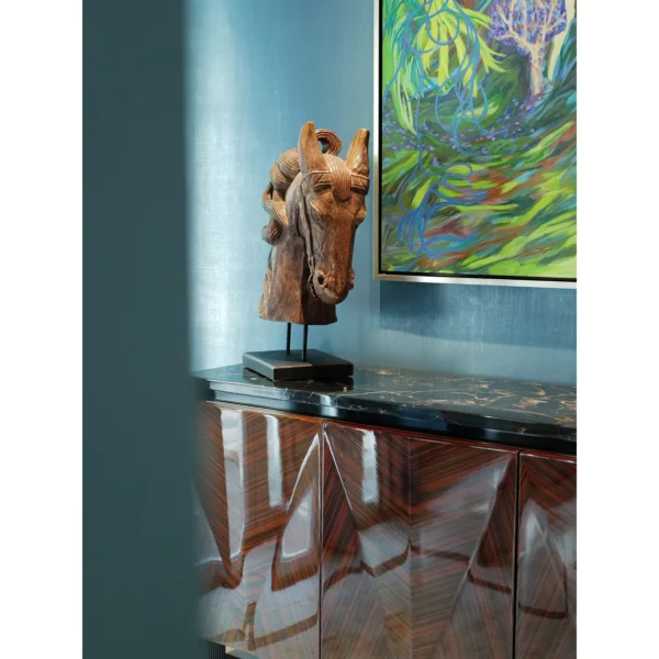 Ruby Galaxy V-Marquetry Sideboard with Black-Gold Marble Top in clay — in a room setting
