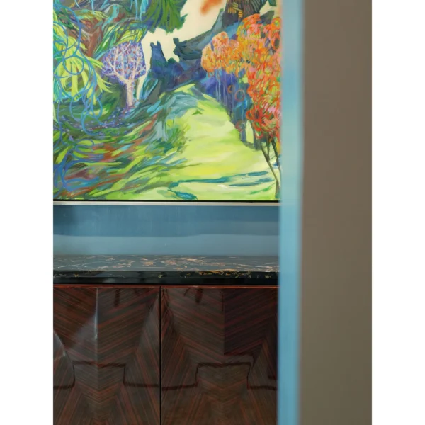 Ruby Galaxy V-Marquetry Sideboard with Black-Gold Marble Top in clay — in a room setting