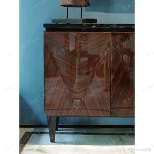 Ruby Galaxy V-Marquetry Sideboard with Black-Gold Marble Top in clay — in a room setting