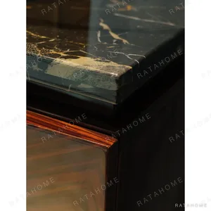 Ruby Galaxy V-Marquetry Sideboard with Black-Gold Marble Top in clay — in a room setting