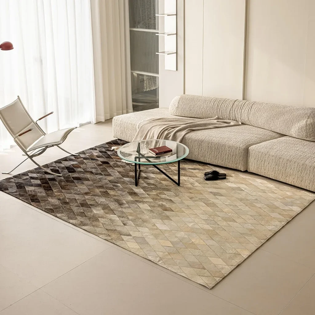 Cowhide Gradient Diamond Patchwork Rug in oatmeal — front view