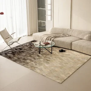 Cowhide Gradient Diamond Patchwork Rug in oatmeal — front view