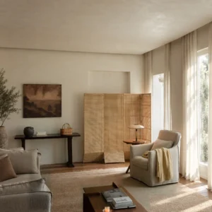 Ruoyin Rattan-Skin Four-Panel Folding Screen in natural oak — front view