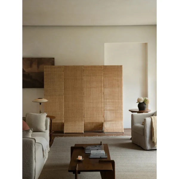 Ruoyin Rattan-Skin Four-Panel Folding Screen in natural oak — in a room setting