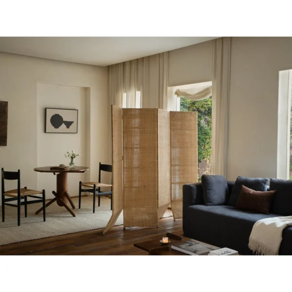 Ruoyin Rattan-Skin Four-Panel Folding Screen in natural oak — in a room setting