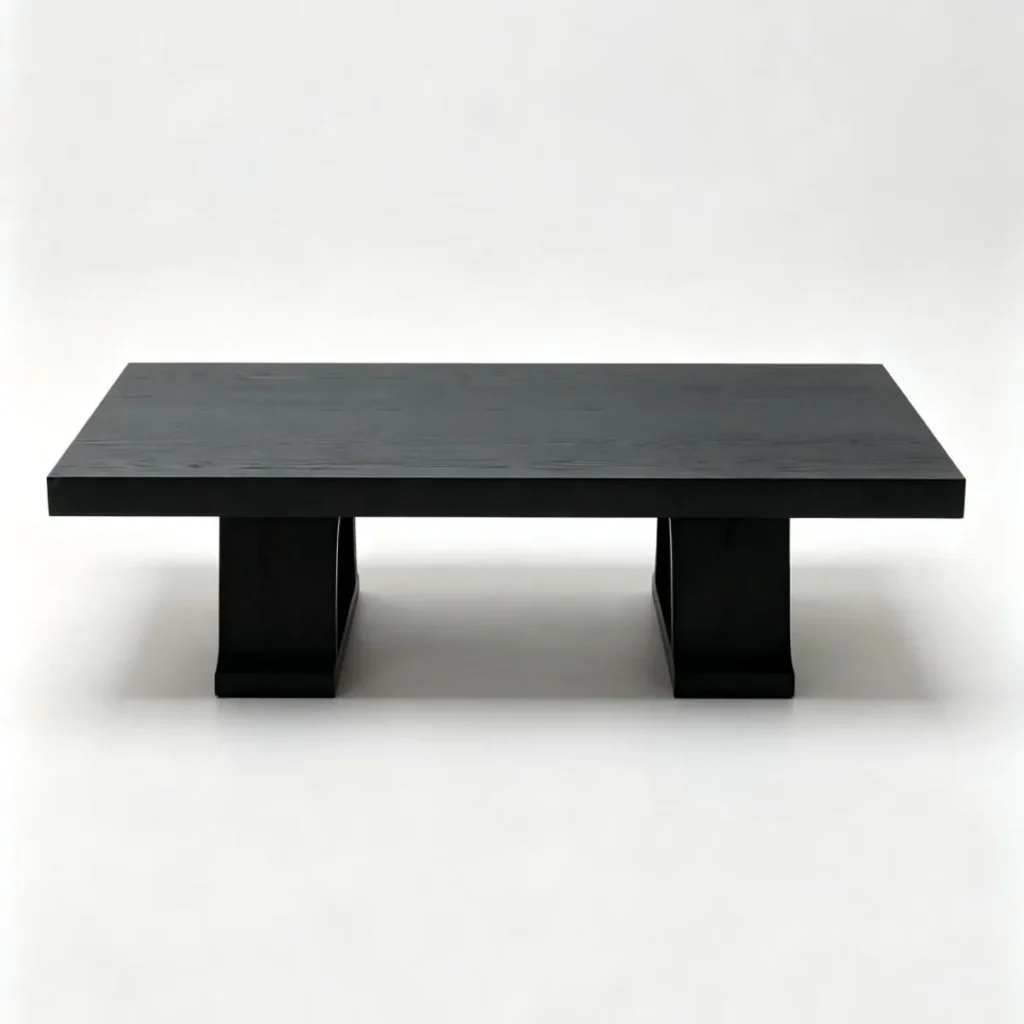 Saddle Black Oak Coffee Table on Slab Legs, 135 x 90 cm in black — front view