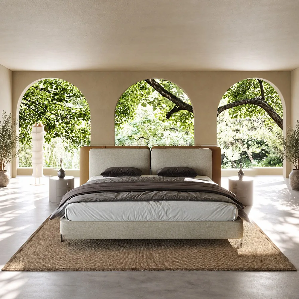 Saddle Leather and Linen Wide Headboard Bed in clay — front view