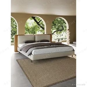 Saddle Leather and Linen Wide Headboard Bed in clay — in a room setting