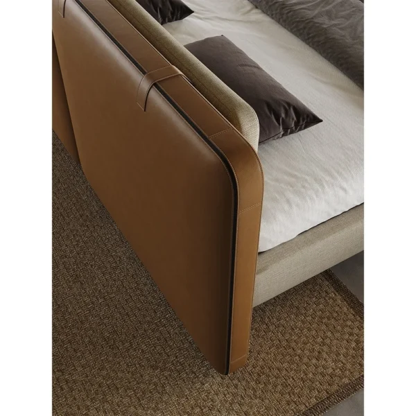 Saddle Leather and Linen Wide Headboard Bed in clay — in a room setting