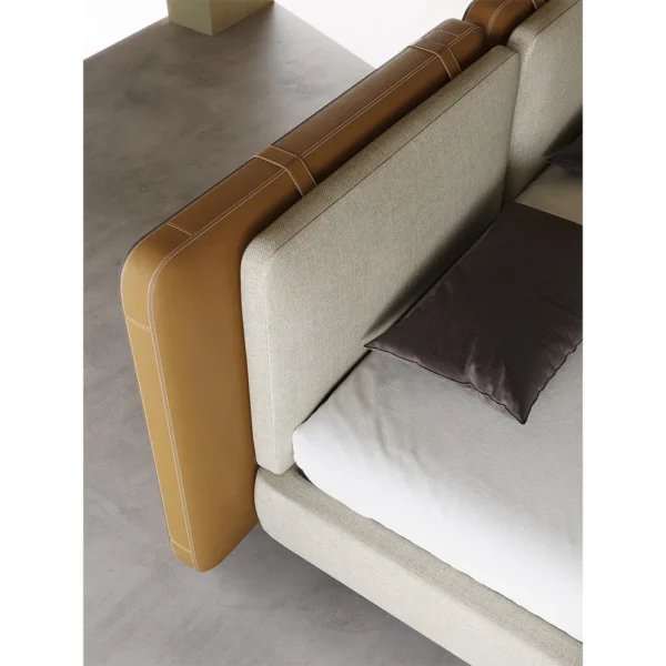 Saddle Leather and Linen Wide Headboard Bed in clay — in a room setting