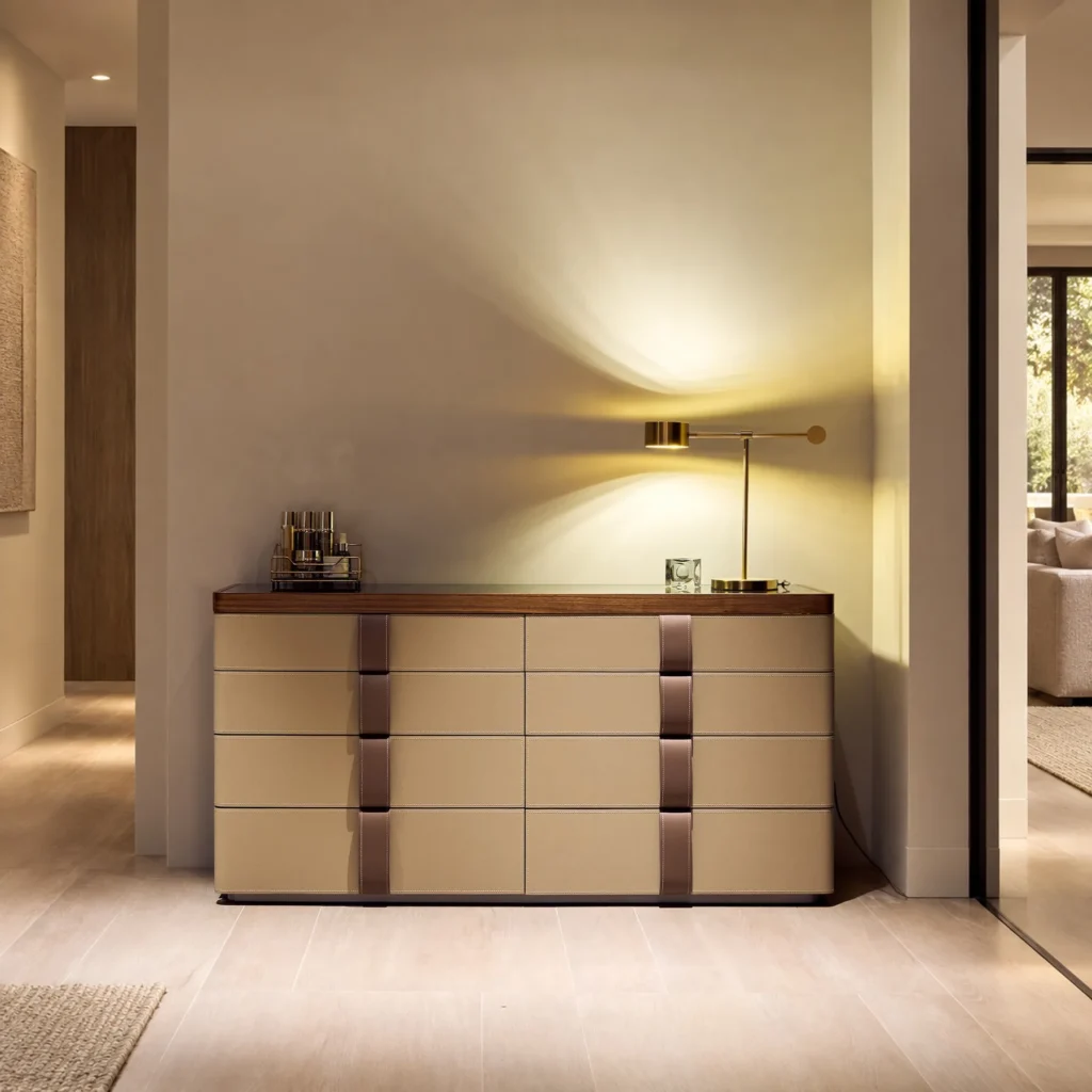 Saddle Leather Strap Eight-Drawer Storage Chest in Cream — front view