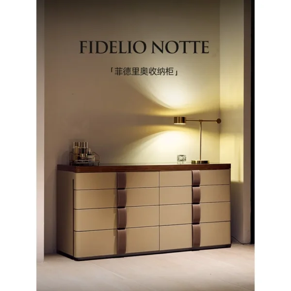 Saddle Leather Strap Eight-Drawer Storage Chest in Cream — in a room setting