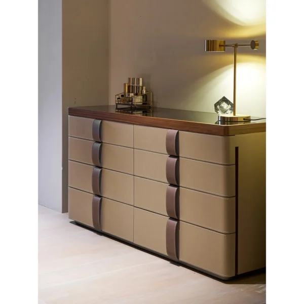 Saddle Leather Strap Eight-Drawer Storage Chest in Cream — in a room setting