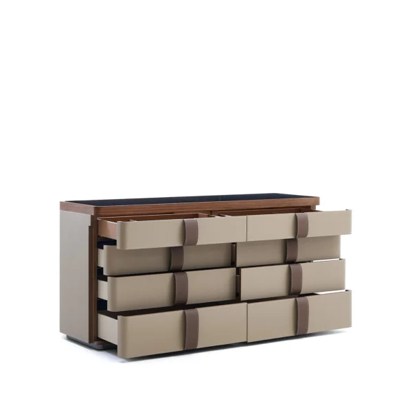 Saddle Leather Strap Eight-Drawer Storage Chest in Cream — in a room setting