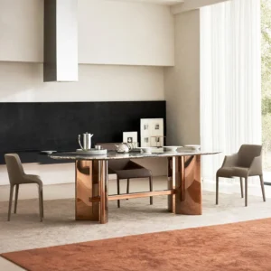 Sailboat Ocean Storm Stone Dining Table on Rose Gold Sails in clay — front view