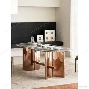 Sailboat Ocean Storm Stone Dining Table on Rose Gold Sails in clay — in a room setting
