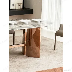 Sailboat Ocean Storm Stone Dining Table on Rose Gold Sails in clay — in a room setting