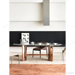 Sailboat Ocean Storm Stone Dining Table on Rose Gold Sails in clay — in a room setting