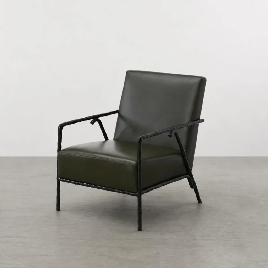 Hand-Forged Iron Lounge Chair in Olive Leather — front view