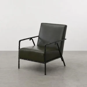 Hand-Forged Iron Lounge Chair in Olive Leather — front view