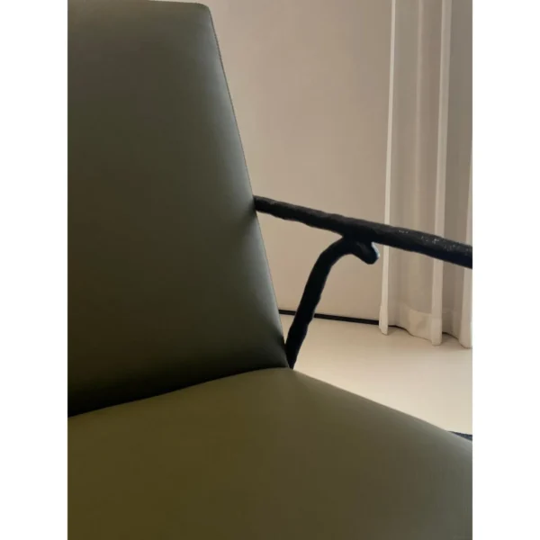 Forged Bronze Armchair in Olive Leather, 65 cm — in a room setting