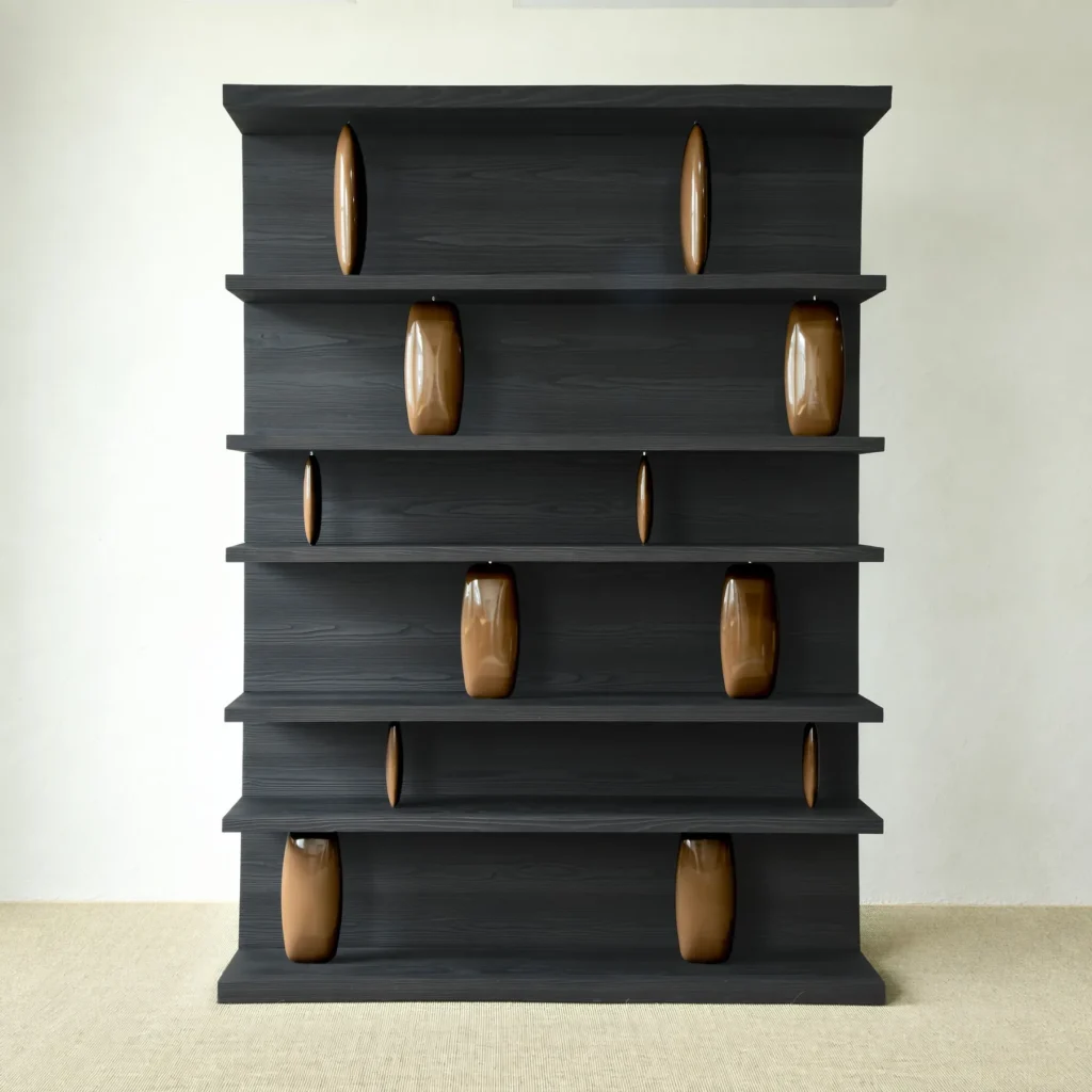 Sandblasted Cedar Bookcase in Charcoal, 190 x 260 cm — front view