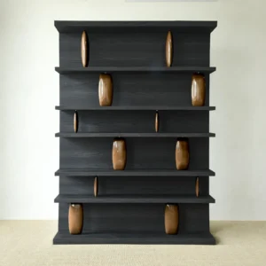 Sandblasted Cedar Bookcase in Charcoal, 190 x 260 cm — front view