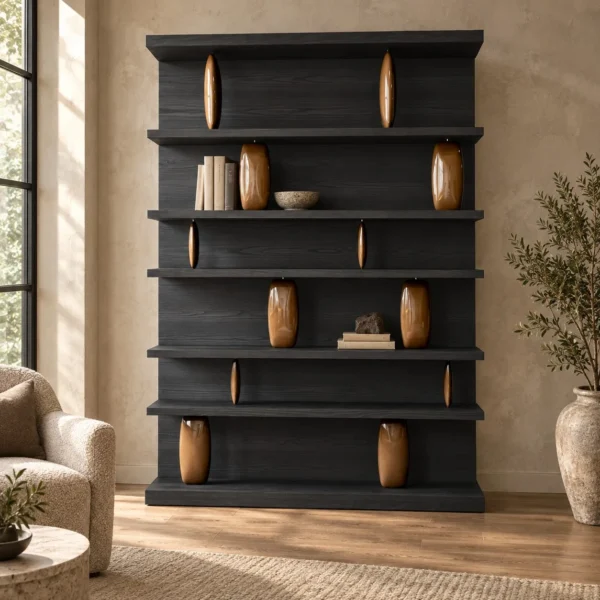 Sandblasted Cedar Bookcase in Charcoal, 190 x 260 cm — in a room setting