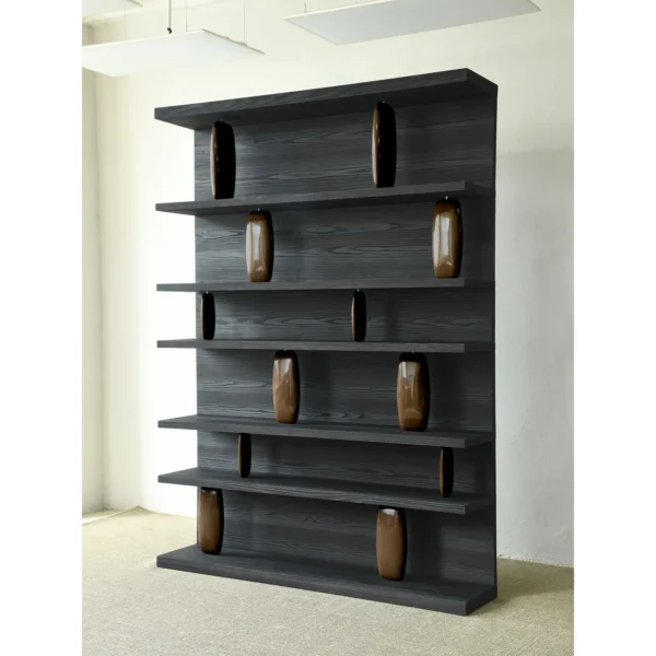 Sandblasted Cedar Bookcase in Charcoal, 190 x 260 cm — in a room setting
