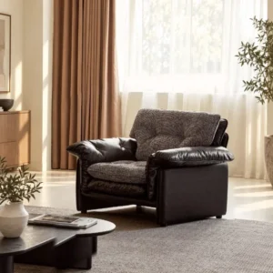 Sandwich Single-Seat Sofa in Black Leather and Grey Bouclé — front view