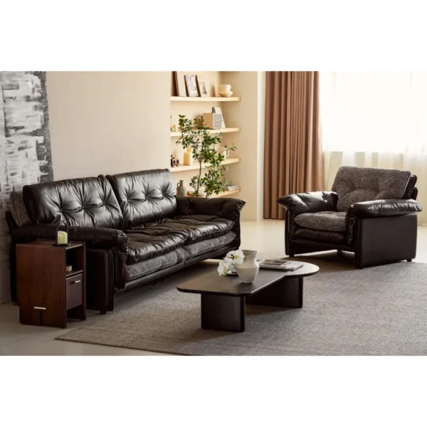 Sandwich Single-Seat Sofa in Black Leather and Grey Bouclé — in a room setting